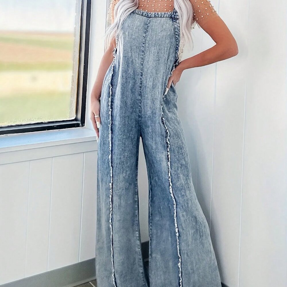 Blue Casual Women's Denim Overalls Washed Trim Sleeveless Wide Leg Jumpsuit - Picture 2 of 4